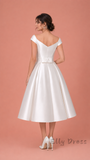 Vintage White Satin Midi Bridal Dress A-Line Wedding Gown