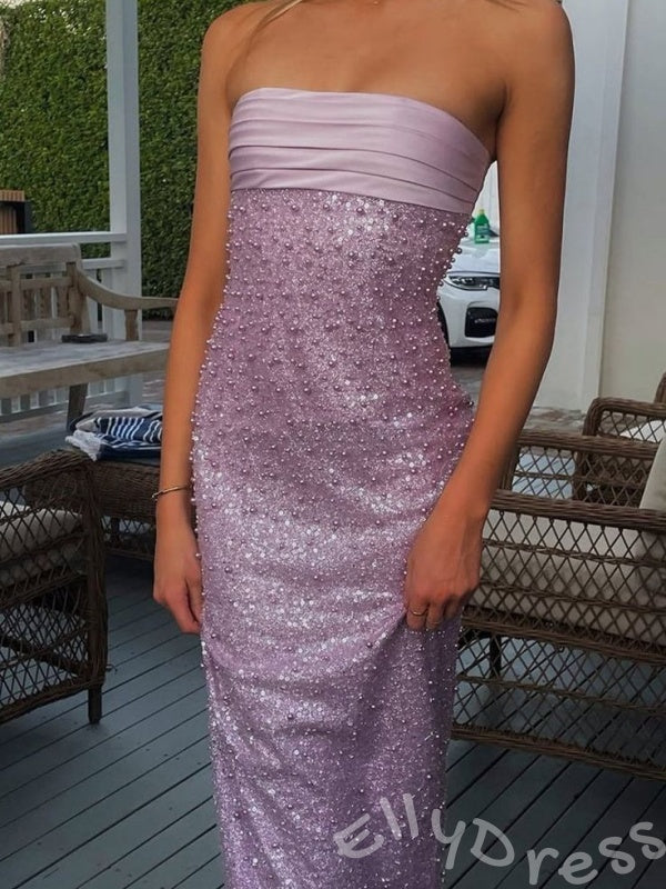 Lilac Strapless Straight Neck Full Sequin Embroidered Sheath Prom Dress with Satin Ruched Bust Corset Lace-Up Back and Back Slit Tea Length
