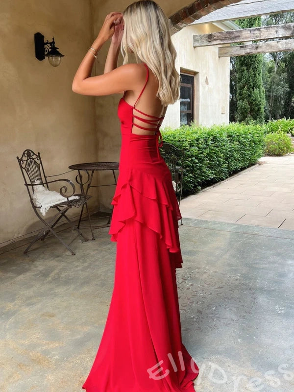 Red Spaghetti Strap Open Back Layered Ruffle Prom Dress