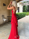 Red Spaghetti Strap Open Back Layered Ruffle Prom Dress