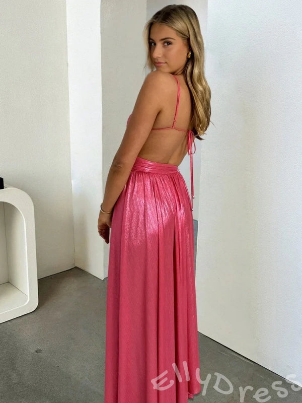 Hot Pink Spaghetti Strap Surplice V-Neck Metallic Pleated A-Line Prom Dress with Cutout Waist Side Cutouts and Lace-Up Back