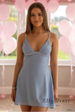 V Neck Backless Mini Dress Light Blue Homecoming Cocktail Dress