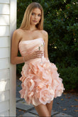 Blush Strapless Satin Mini Dress 3D Floral Ruffle Skirt Homecoming Party Dress