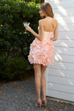 Blush Strapless Satin Mini Dress 3D Floral Ruffle Skirt Homecoming Party Dress