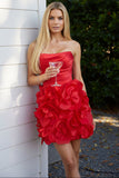 Blush Strapless Satin Mini Dress 3D Floral Ruffle Skirt Homecoming Party Dress