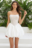 Strapless Rhinestone Corset Bubble Mini Dress Light Blue Satin Homecoming Dress