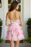 Pink Floral Strapless Tiered Mini Dress Sweetheart Corset Short Party Homecoming Dress for Women