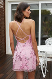 Pink Floral Sequin Halter Mini Dress Criss Cross Back Bodycon Homecoming Party Dress