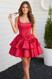 Square Neck 3D Rose Applique Flared Short Dress Tiered Ruffle Satin Cocktail Gown