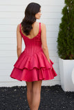 Square Neck 3D Rose Applique Flared Short Dress Tiered Ruffle Satin Cocktail Gown