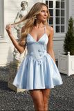 Light Blue Satin Spaghetti Strap Mini Dress 3D Floral Homecoming Skater Dress