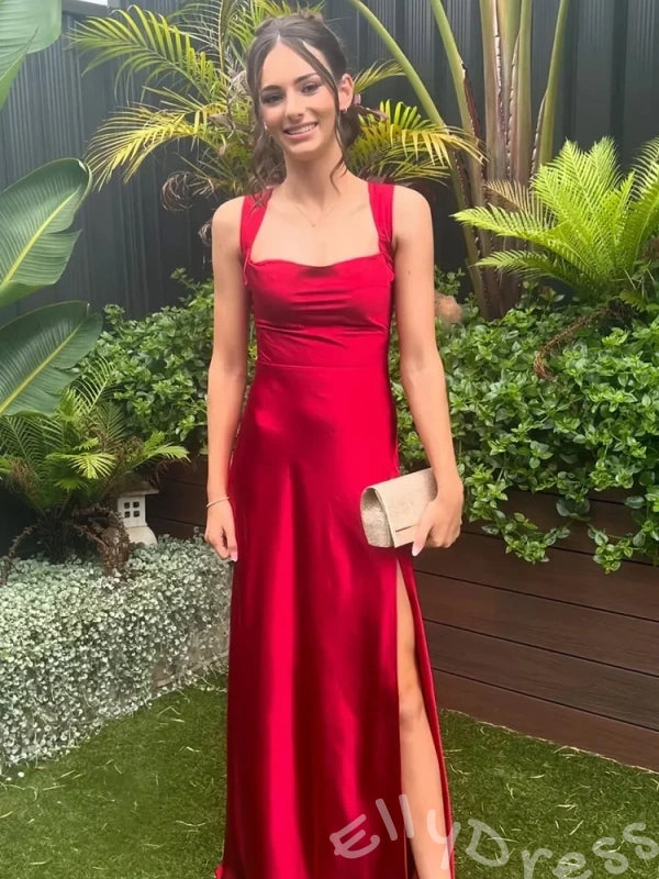 Burgundy Wide Strap Cowl Neck Satin Sheath Prom Dress with Side High Slit Open Back and Criss Cross Lace-Up