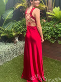 Burgundy Wide Strap Cowl Neck Satin Sheath Prom Dress with Side High Slit Open Back and Criss Cross Lace-Up