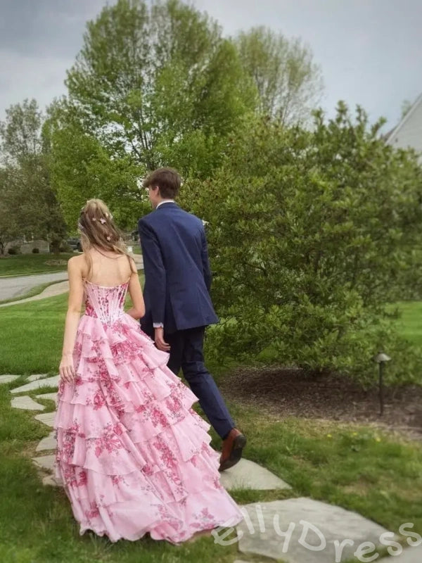 Pink Rose Floral Print Strapless Sweetheart Ruffle A-Line Prom Dress with 3D Rose Flower