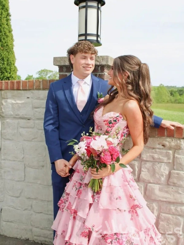 Cream Pink Rose Floral Print Strapless Sweetheart Sheer Boned Corset Bodice Seven-Tier Ruffle A-Line Prom Dress with 3D Rose Flower Detail Front High Slit and White Lace-Up Back