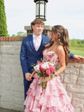 Cream Pink Rose Floral Print Strapless Sweetheart Sheer Boned Corset Bodice Seven-Tier Ruffle A-Line Prom Dress with 3D Rose Flower Detail Front High Slit and White Lace-Up Back