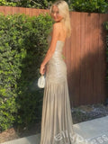 Classy Metallic Champagne Strapless Straight Cross Mermaid Prom Dress