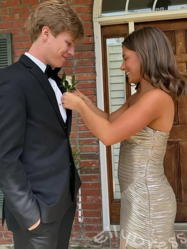 Classy Metallic Champagne Strapless Straight Cross Mermaid Prom Dress
