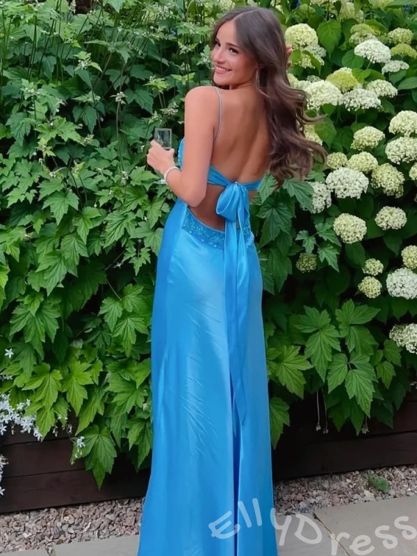 Blue Spaghetti Strap V-Neck Lace Bodice Open Back Bow Mermaid Prom Dress