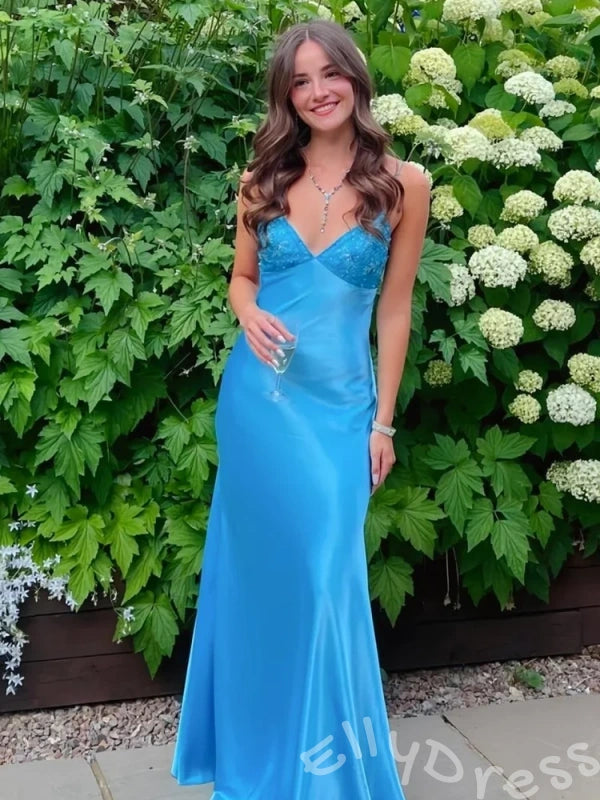 Blue Spaghetti Strap V-Neck Lace Bodice Open Back Bow Mermaid Prom Dress