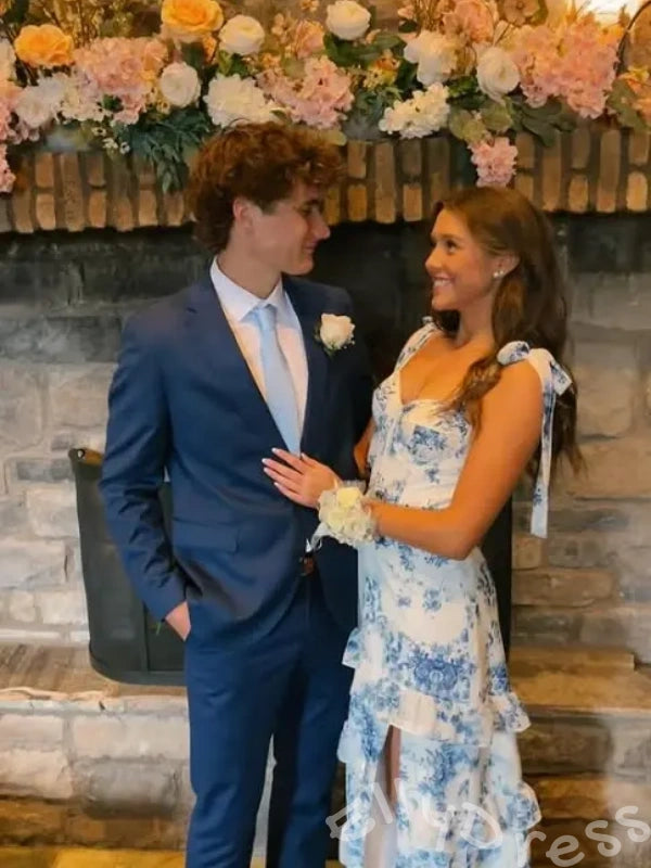 Blue Floral Print Wide Tie Strap Sweetheart Five-Tier Ruffle A-Line Prom Dress with Bow Shoulder Straps Corset Bodice and Open Back