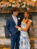 Blue Floral Print Wide Tie Strap Sweetheart Five-Tier Ruffle A-Line Prom Dress with Bow Shoulder Straps Corset Bodice and Open Back