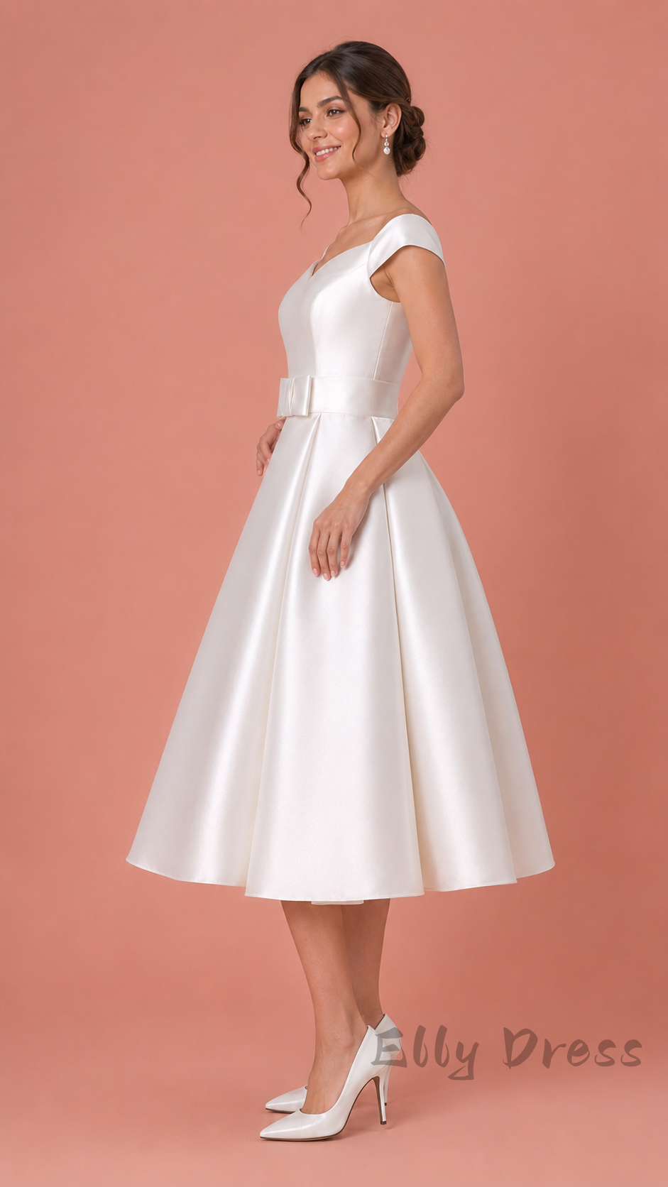 Vintage White Satin Midi Bridal Dress A-Line Wedding Gown