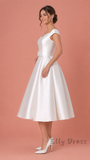 Vintage White Satin Midi Bridal Dress A-Line Wedding Gown