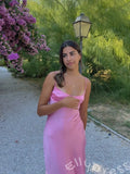 Simple Blush Pink Satin Spaghetti Straps Mermaid Prom Dress With Lace-up