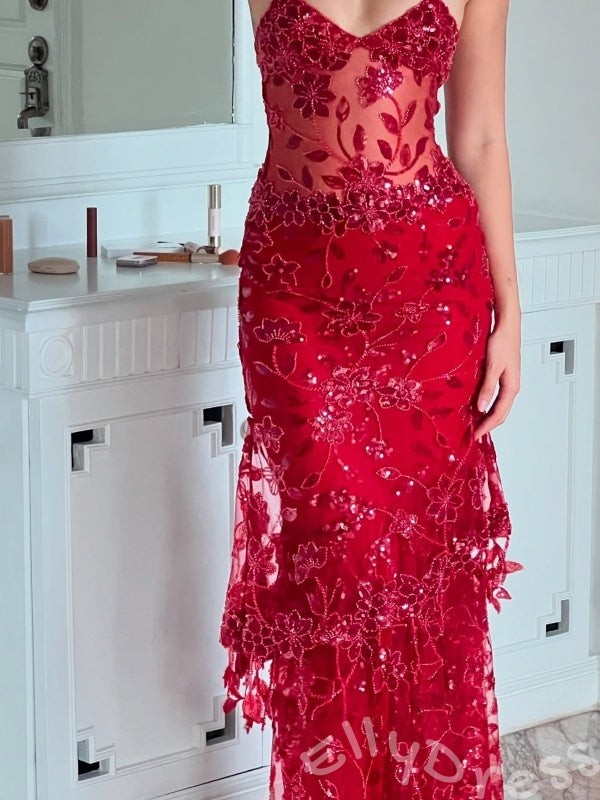 Red Spaghetti Strap Sweetheart Sequin Lace Mermaid Prom Dress with Sheer Waist Tiered Skirt and Sweep Train