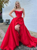 Red Strapless Corset Bodice Satin A-Line Prom Dress with 3D Flower High Slit Lace-Up Back and Sweep Train