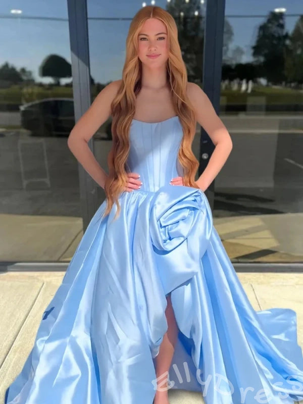 Red Strapless Corset Bodice Satin A-Line Prom Dress with 3D Flower High Slit Lace-Up Back and Sweep Train