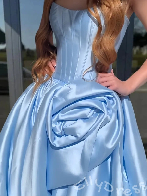 Red Strapless Corset Bodice Satin A-Line Prom Dress with 3D Flower High Slit Lace-Up Back and Sweep Train