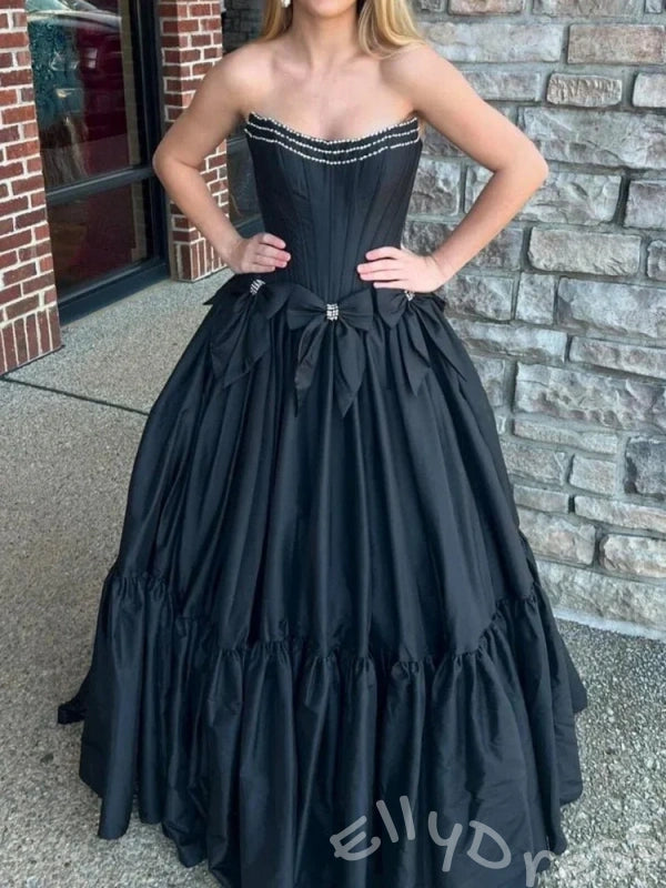 Pink Strapless Sweetheart Corset Bodice A-Line Prom Dress with Double Bow Waist Tiered Ruffle Skirt and Lace-Up Back