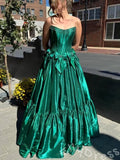 Pink Strapless Sweetheart Corset Bodice A-Line Prom Dress with Double Bow Waist Tiered Ruffle Skirt and Lace-Up Back
