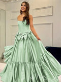 Pink Strapless Sweetheart Corset Bodice A-Line Prom Dress with Double Bow Waist Tiered Ruffle Skirt and Lace-Up Back