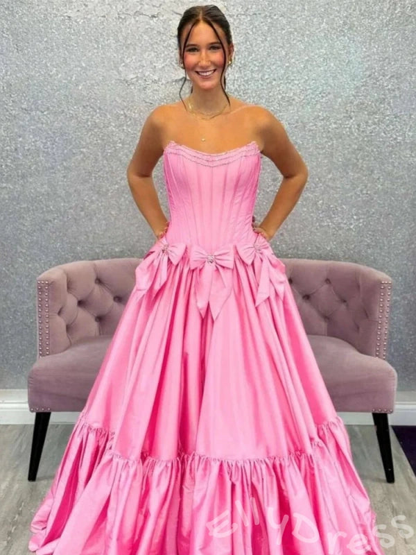 Pink Strapless Sweetheart Corset Bodice A-Line Prom Dress with Double Bow Waist Tiered Ruffle Skirt and Lace-Up Back