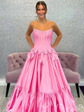 Pink Strapless Sweetheart Corset Bodice A-Line Prom Dress with Double Bow Waist Tiered Ruffle Skirt and Lace-Up Back