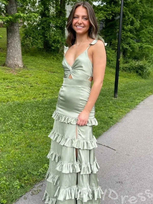 Sage Green Spaghetti Strap Deep V-Neck Tiered Ruffle A-Line Prom Dress with Twist Cutout Bust Cutout Waist High Slit and Open Back
