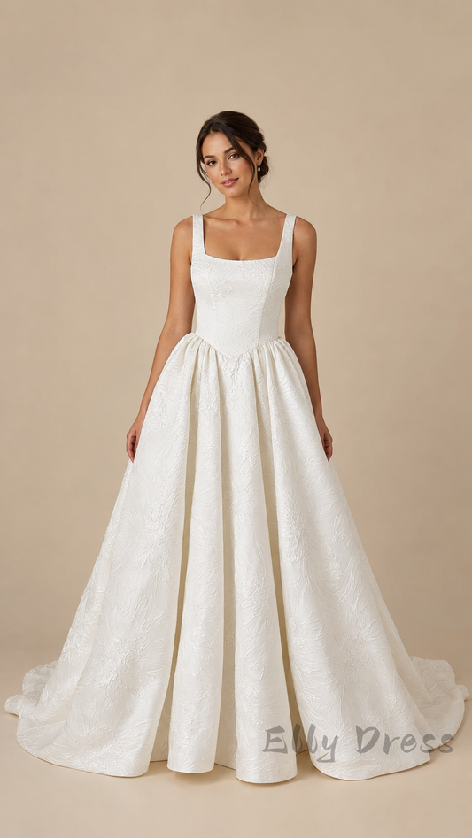 Minimalist Elegant Square Neck Wedding Dress A-Line Bridal Dress