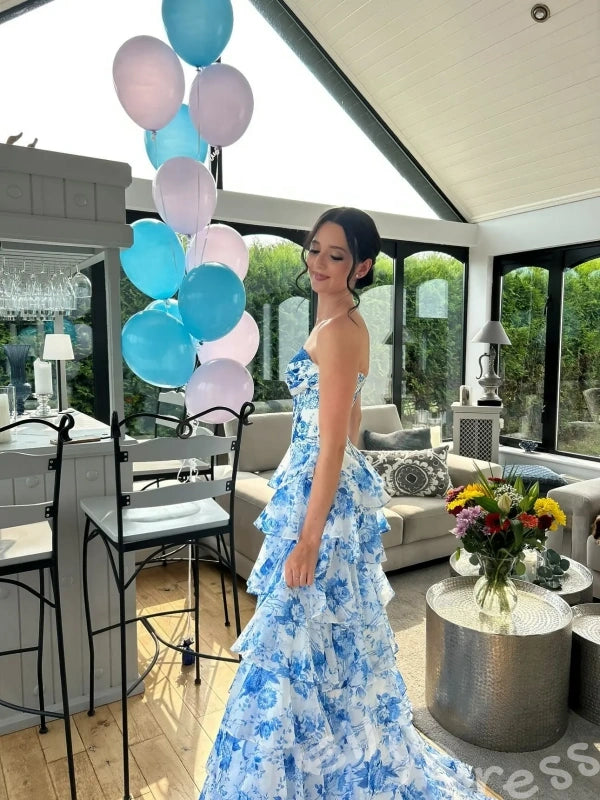 Blue Floral Print Strapless Sweetheart Sheer Boned Corset Bodice Eight-Tier Ruffle A-Line Prom Dress with Front High Slit and White Lace-Up Back