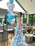 Blue Floral Print Strapless Sweetheart Sheer Boned Corset Bodice Eight-Tier Ruffle A-Line Prom Dress with Front High Slit and White Lace-Up Back