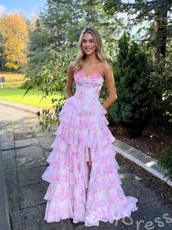 Cream Pink Rose Floral Print Strapless Sweetheart Sheer Boned Corset Bodice Seven-Tier Ruffle A-Line Prom Dress with 3D Rose Flower Detail Front High Slit and White Lace-Up Back