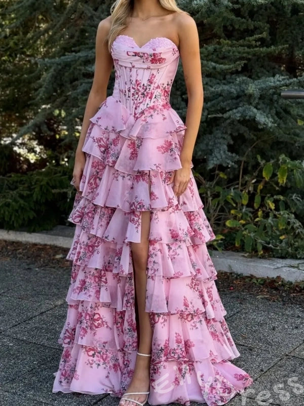 Cream Pink Rose Floral Print Strapless Sweetheart Sheer Boned Corset Bodice Seven-Tier Ruffle A-Line Prom Dress with 3D Rose Flower Detail Front High Slit and White Lace-Up Back