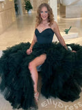 Emerald Green Spaghetti Strap Sweetheart Satin Corset Bodice Ten-Tier Tulle Cake A-Line Prom Dress with Front High Slit Criss Cross Back Straps Lace-Up and Sweep Train
