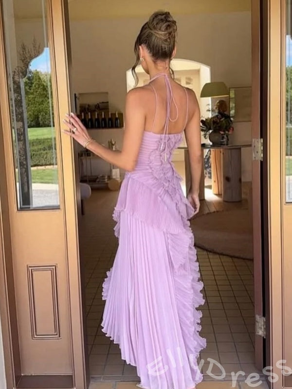 Lilac Halter Asymmetric One Shoulder Pleated Chiffon A-Line Prom Dress with Diagonal Spiral Ruffles High Slit and Open Back