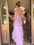 Lilac Halter Asymmetric One Shoulder Pleated Chiffon A-Line Prom Dress with Diagonal Spiral Ruffles High Slit and Open Back