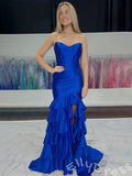 Royal Blue Strapless Sweetheart Ruched Mermaid Prom Dress with Tiered Ruffle Hem High Slit Lace-Up Back and Sweep Train