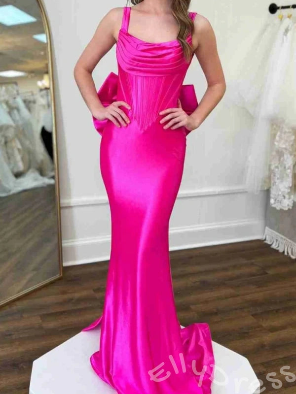 Hot Pink Wide Strap Square Neck Corset Mermaid Backless Big Bow Prom Dress with Train