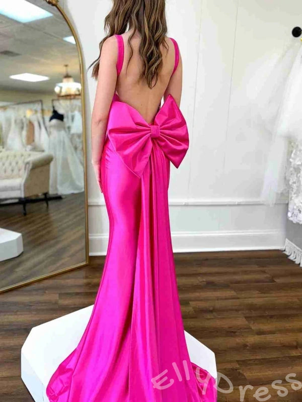 Hot Pink Wide Strap Square Neck Corset Mermaid Backless Big Bow Prom Dress with Train
